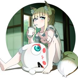  animal_ears aqua_eyes barefoot blonde_hair blunt_bangs commentary_request creature cup drinking drinking_straw drinking_straw_in_mouth extra_ears female fox_ears fox_girl fox_tail glasses highres holding holding_cup kono_iroha kuro_kosyou looking_at_viewer off_shoulder original ribbon-trimmed_sleeves ribbon_trim shirt shouji sidelocks sitting sliding_doors tail v white_background white_shirt 