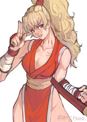  blonde_hair breasts brown_eyes cleavage commentary_request cowboy_shot female final_fight fingerless_gloves genryuusai_maki gloves japanese_clothes long_hair looking_at_viewer medium_breasts ninja pelvic_curtain ponytail solo street_fighter street_fighter_zero_(series) thighs tonfa tsuna_(akmu8832) weapon 