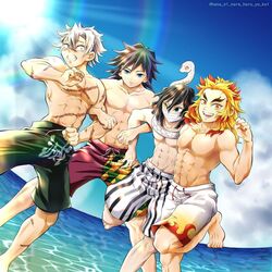  4boys abs beach black_hair blonde_hair blue_eyes blue_sky green_eyes hair_between_eyes hana_ni_nare heterochromia iguro_obanai kimetsu_no_yaiba long_hair male_swimwear mask mouth_mask multicolored_hair multiple_boys muscular muscular_male no_nipples ocean open_mouth pale_skin red_hair rengoku_kyoujurou scar scar_on_arm scar_on_chest scar_on_face scar_on_stomach shinazugawa_sanemi short_hair sky smile snake striped_male_swimwear swim_trunks teeth tomioka_giyuu topless_male white_hair white_male_swimwear white_snake yellow_eyes 