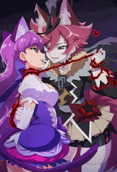  2girls adapted_costume animal_ears bike_shorts black_choker black_jacket brown_hair cat_ears cat_tail choker commentary_request corruption cure_chocolat cure_macaron dark_persona dog_ears dog_tail dress earrings eyelashes fur_trim gloves hat highres jacket jewelry juliet_sleeves kenjou_akira kirakira_precure_a_la_mode kotozume_yukari long_hair long_sleeves looking_at_another magical_girl mucha_(muchakai) multicolored_hair multiple_girls plant precure puffy_sleeves purple_dress purple_eyes purple_hair red_eyes red_hair short_hair shorts shorts_under_skirt spiked_hair standing streaked_hair tail thighhighs thighs top_hat trapped vines white_legwear 