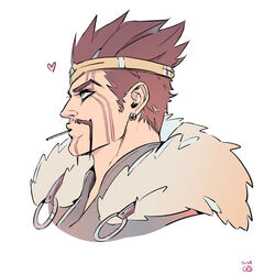  1boy brown_hair commentary_request draven earrings facial_hair from_side fur_trim gatopescado3 grey_background heart highres jewelry league_of_legends male_focus moustache profile short_hair simple_background solo yellow_eyes 