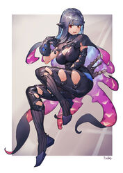  absurdres armor black_cape black_gloves blue_hair blunt_bangs bodysuit breasts brown_eyes cape cleavage cleavage_cutout clothing_cutout covered_nipples dagger female fushe gloves highres knife long_hair monster_hunter:_world monster_hunter_(character) monster_hunter_(series) namielle_(armor) open_mouth scabbard sheath sheathed shiny_skin signature skin_tight solo thighs turtleneck vambraces weapon 