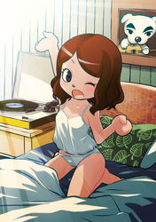  animal_crossing arm_up bare_arms bare_legs bare_shoulders barefoot bed bed_sheet black_eyes blanket breasts brown_hair camisole check_commentary cleavage commentary_request female k.k._slider_(animal_crossing) kneeling light_rays muramasa_mikado murana_(muramasa_mikado) on_bed panties phonograph pillow record short_hair small_breasts solo sunbeam sunlight swept_bangs underwear villager_(animal_crossing) waking_up white_camisole white_panties 