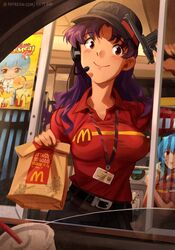  2girls artist_name ayanami_rei bag belt black_belt black_headwear blue_hair bodysuit breasts brown_eyes bullet_hole burger chibi chris-chan commentary drink drive-thru employee_uniform english_commentary english_text fast_food fast_food_uniform finger_on_trigger food french_fries gun handgun hat headset highres holding holding_bag holding_food holding_gun holding_weapon ice_cream ice_cream_cone interface_headset katsuragi_misato khyle. looking_at_viewer mauser_c96 mcdonald&#039;s meme multiple_girls neon_genesis_evangelion paid_reward_available patreon_logo patreon_username pilot_suit plugsuit pov product_placement purple_hair red_eyes rei_chikita salute smile sonichu sonichu_(series) tongue tongue_out uniform weapon web_address when_you_see_it white_bodysuit 