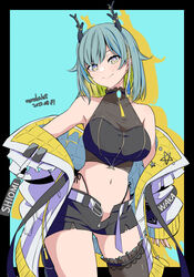  antlers artist_name bare_shoulders black_shorts black_thighhighs blue_background breasts character_name closed_mouth clothes_writing collarbone commentary_request dated female highres horns jacket kichihachi la_peche_party large_breasts looking_at_viewer multicolored_eyes navel open_fly purple_eyes shioumi_waka short_shorts shorts single_thighhigh smile solo standing thighhighs thighs virtual_youtuber white_jacket yellow_eyes 