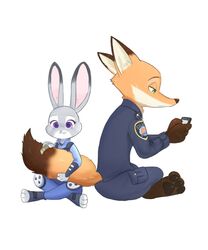  2020 5:6 anthro canid canine cellphone clothed clothing dipstick_tail disney duo electronics fox fully_clothed fur green_eyes grey_body grey_fur hi_res holding_cellphone holding_object holding_phone judy_hopps lagomorph leporid mammal markings multicolored_tail nick_wilde orange_body orange_fur pawpads personal_grooming phone police police_uniform purple_eyes rabbit red_fox simple_background sitting smile social_grooming swetpot tail tail_grab tail_markings true_fox unavailable_at_source uniform white_background zootopia 