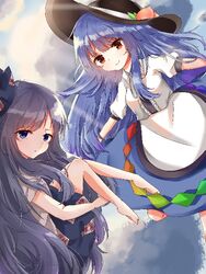  2girls aliasing barefoot black_headwear blouse blue_dress blue_eyes blue_hair blue_skirt blue_sky bow breasts closed_mouth cloud cloudy_sky collar dress flying food fruit grey_shirt hat hinanawi_tenshi hood hoodie long_hair looking_at_viewer medium_breasts multiple_girls open_mouth peach puffy_short_sleeves puffy_sleeves rainbow red_eyes shadow shirt short_sleeves skirt sky sunlight touhou white_shirt yorigami_shion zhi_xixi 