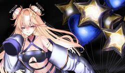  armlet balloon bare_shoulders blonde_hair blue_eyes blush breasts choker cleavage cleavage_cutout clothing_cutout collarbone commentary criss-cross_halter double_bun earrings english_commentary female hair_between_eyes hair_bun hair_ornament halterneck heart_balloon jacket jewelry kaneko_lumi kaneko_lumi_(1st_costume) long_hair narrowed_eyes navel phase_connect piz_doll second-party_source sleeves_past_wrists solo star_(symbol) star_balloon star_hair_ornament stomach very_long_hair very_long_sleeves virtual_youtuber white_jacket 