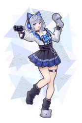  absurdres animal_ear_headphones animal_ears black_footwear black_gloves black_skirt blue_bow blue_bowtie blue_eyes bow bowtie cat_ear_headphones cat_o-ring cat_slippers commentary fake_animal_ears female fingerless_gloves gloves grey_hair gun headphones high-waist_skirt highres holding holding_gun holding_sandals holding_weapon hololive hololive_indonesia indonesian_commentary leg_warmers long_sleeves looking_at_viewer medium_hair meme_attire nail_polish open_mouth pleated_skirt purple_nails samsam_s2s shirt skirt solo standing standing_on_one_leg suspender_skirt suspenders thigh_strap vestia_zeta vestia_zeta_(jirai_kei) virgin_killer_outfit virtual_youtuber weapon white_shirt 