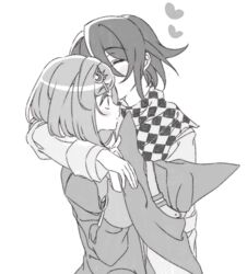  1boy arms_around_neck blush blush_stickers checkered_clothes checkered_scarf closed_eyes commentary danganronpa_(series) danganronpa_v3:_killing_harmony female from_side greyscale hair_between_eyes hat heart holding holding_clothes holding_hat jacket jingle_(mhb729) long_sleeves monochrome oma_kokichi profile scarf short_hair simple_background straight unworn_hat unworn_headwear upper_body yumeno_himiko 