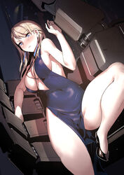  absurdres bare_arms bare_shoulders bird/binary black_footwear blonde_hair blue_dress blue_eyes blush borrowed_character breasts chinese_commentary claudia_(bird/binary) cleavage dress female high_heels highres large_breasts open_mouth shizuoxing_kof side_slit sideboob solo thighs 