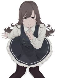  arashio_(kancolle) arashio_kai_ni_(kancolle) belt black_pantyhose brown_eyes brown_hair buttons commentary daigaku_jitome dress female finger_to_mouth frilled_dress frills highres index_finger_raised kantai_collection long_hair long_sleeves looking_at_viewer pantyhose pinafore_dress shirt simple_background sleeveless sleeveless_dress solo white_background white_shirt 