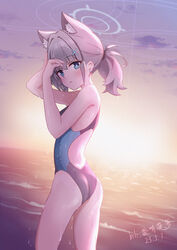  absurdres aiken_boluo animal_ear_fluff animal_ears ass back_cutout bilibili_username black_one-piece_swimsuit blue_archive blue_eyes breasts clothing_cutout competition_swimsuit covered_navel cowboy_shot cross_hair_ornament dated dimples_of_venus dutch_angle earrings extra_ears female grey_hair hair_ornament halo highres horizon jewelry looking_at_viewer medium_breasts medium_hair mismatched_pupils multicolored_clothes multicolored_swimsuit ocean official_alternate_costume one-piece_swimsuit parted_lips ponytail shiroko_(blue_archive) shiroko_(swimsuit)_(blue_archive) sidelocks solo standing stud_earrings sunset swimsuit wet wet_clothes wiping_face wolf_ears 