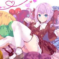  ankle_strap assault_lily belt belt_buckle blue_eyes blurry blurry_background blurry_foreground blush bow bowtie breasts brown_footwear buckle closed_mouth commentary depth_of_field feet_out_of_frame female fingernails frilled_skirt frilled_sleeves frills hairbow hands_up heart heart-shaped_pillow heart_background heart_of_string high-waist_skirt highres jewelry juliet_sleeves kanba_girls_high_school_uniform knee_up light_particles long_hair long_sleeves looking_at_viewer medium_breasts miniskirt naridon pillow pink_hair plaid plaid_skirt puffy_sleeves reclining red_belt red_bow red_shirt red_skirt ring sadamori_himeka school_uniform shirt shoes sitting skirt smile solo thigh_bow thighhighs twintails white_background white_bow white_bowtie white_thighhighs zettai_ryouiki 