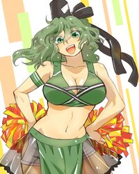  :d black_hat breasts cheerleader commentary_request cowboy_shot female green_eyes green_hair green_skirt hair_between_eyes hands_on_own_hips hat highres holding holding_pom_poms looking_at_viewer navel nunnun_(shunka_shuutou) ofuda ofuda_on_clothes one-hour_drawing_challenge open_mouth pom_pom_(cheerleading) see-through see-through_skirt short_hair skirt smile soga_no_tojiko solo standing tate_eboshi touhou two-tone_background white_background yellow_background 