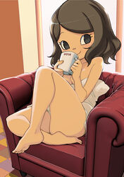  absurdres animal_crossing armchair black_eyes breasts brown_hair chair closed_mouth collarbone cup eyelashes female hands_up highres holding holding_cup medium_breasts mug muramasa_mikado murana_(muramasa_mikado) naked_towel short_hair sitting smile solo swept_bangs thighs towel villager_(animal_crossing) white_towel 