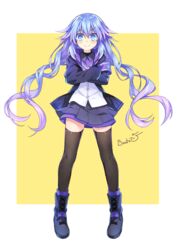  alternate_costume armband artist_name binato_lulu black_thighhighs blue_eyes braid breasts commission crossed_arms female full_body hair_between_eyes large_breasts long_hair long_sleeves looking_at_viewer miniskirt neptune_(series) next_purple power_symbol power_symbol-shaped_pupils purple_hair purple_heart_(neptunia) sidelocks skirt smile solo symbol-shaped_pupils thighhighs twin_braids 