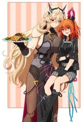  2girls abs ahoge armor bare_shoulders barghest_(fate) barghest_(second_ascension)_(fate) belt biceps black_dress black_footwear black_gloves black_jacket blonde_hair blush boots breasts brown_legwear chains command_spell covered_navel dress earrings elbow_gloves fate/grand_order fate_(series) food fujimaru_ritsuka_(female) fujimaru_ritsuka_(female)_(polar_chaldea_uniform) gauntlets gloves green_eyes grey_skirt hair_ornament hair_scrunchie heterochromia horns jacket jewelry knee_boots large_breasts lifting_person long_hair looking_at_another looking_down medium_breasts multiple_girls muscular muscular_female necklace oiun one_side_up open_mouth orange_eyes orange_hair pantyhose pauldrons pelvic_curtain plate pouch red_eyes scrunchie short_hair short_sleeves shoulder_armor sideboob single_gauntlet single_pauldron skirt smile thighs toned very_long_hair yuri 