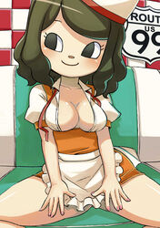  animal_crossing apron black_eyes breasts closed_mouth collarbone diner female fingernails green_hair high-waist_skirt highres indoors looking_to_the_side medium_breasts muramasa_mikado murana_(muramasa_mikado) nail_polish no_pupils open_clothes open_shirt orange_skirt pink_nails puffy_short_sleeves puffy_sleeves shirt short_hair short_sleeves sitting skirt smile solo swept_bangs tile_wall tiles unbuttoned unbuttoned_shirt villager_(animal_crossing) waist_apron waitress white_apron white_shirt 