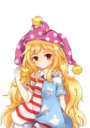  american_flag_dress blonde_hair blue_dress breasts closed_mouth clownpiece dress female hand_up hat jester_cap ke-ta_(style) long_hair looking_at_viewer medium_breasts multicolored_clothes multicolored_dress pantyhose pink_hat polka_dot pom_pom_(clothes) red_dress red_eyes short_sleeves simple_background smile solo standing star_(symbol) star_print striped_clothes striped_dress touhou white_background white_dress zhi_xixi 