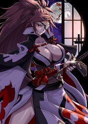  baiken big_hair black_jacket black_kimono breasts eyepatch facial_tattoo female full_moon guilty_gear guilty_gear_strive highres holding holding_sword holding_weapon jacket jacket_on_shoulders japanese_clothes kaijin-m kataginu katana kimono large_breasts long_hair long_sleeves looking_at_viewer moon multicolored_clothes multicolored_kimono night one-eyed open_clothes open_kimono pink_hair red_eyes samurai scar scar_across_eye scar_on_face star_(sky) sword tassel tattoo torn_sleeve weapon white_kimono 