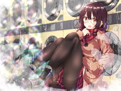  :o black_footwear black_hair black_pantyhose blush brown_coat brown_eyes coat female hand_in_pocket indoors knees_up looking_at_viewer numpopo pantyhose plaid plaid_scarf plaid_skirt red_scarf red_skirt scarf sitting skirt solo washing_machine 