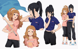  2girls arm_up black_hair black_pants blue_eyes blue_flag blue_shirt blush bow breasts brown_eyes brown_hair closed_mouth collarbone commentary cookie curly_hair english_text flag food from_side full_body hair_ornament hair_ribbon hibike!_euphonium holding holding_another&#039;s_arm holding_flag holding_own_arm kamo_kamen long_hair looking_at_viewer looking_away looking_to_the_side multiple_girls nase_amika navel open_mouth pants pink_footwear pink_shirt ponytail print_shirt ribbon rikka_koukou_marching_band_e_youkoso sasaki_azusa shirt shoelaces shoes sidelocks simple_background smelling smile sneakers standing stomach sweat t-shirt teeth upper_body waving waving_flag white_background white_footwear white_legwear white_ribbon 