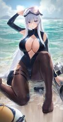  absurdres azur_lane beach blue_one-piece_swimsuit breasts center_opening chochomi enterprise_(azur_lane) enterprise_(diving_under_blue_skies)_(azur_lane) female highres large_breasts ocean official_alternate_costume one-piece_swimsuit pantyhose pantyhose_under_swimsuit swimsuit thick_thighs thighs torn_clothes torn_pantyhose wet 