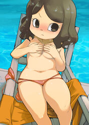  &gt;:( animal_crossing annoyed beach_chair bikini blush breasts closed_mouth collarbone covering_breasts covering_privates eyelashes female frown green_eyes green_hair highres medium_breasts muramasa_mikado murana_(muramasa_mikado) navel nose_blush pool poolside red_bikini short_hair sitting solo swept_bangs swimsuit thighs topless towel v-shaped_eyebrows villager_(animal_crossing) water wet wet_hair 