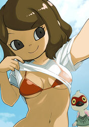  1boy absurdres animal_crossing bikini black_eyes blue_sky breasts brown_hair cleavage closed_mouth clothes_lift cloud cranston_(animal_crossing) day eyelashes female furry furry_male highres lifting_own_clothes looking_to_the_side medium_breasts muramasa_mikado murana_(muramasa_mikado) navel outdoors red_bikini see-through see-through_shirt shirt shirt_lift short_hair short_sleeves sky smile swimsuit t-shirt underboob villager_(animal_crossing) white_shirt 