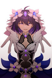  :d absurdres antenna_hair bare_shoulders breasts cleavage dress female flower gloves hair_between_eyes hair_flower hair_ornament highres honkai_(series) honkai_impact_3rd kaixuan_lushang looking_at_viewer open_mouth outstretched_arms purple_eyes purple_hair seele_vollerei seele_vollerei_(stygian_nymph) short_hair simple_background smile solo teeth white_background white_dress white_flower white_gloves 