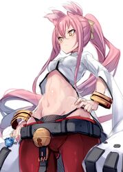  :&lt; animal_ears bell bikini bikini_bottom_only blazblue blush breasts candy closed_mouth clothes_pull female food glasses hair_ribbon hand_on_own_hip highres holding holding_candy holding_food holding_lollipop kokonoe_(blazblue) lollipop long_hair medium_breasts morikawa_(futomayu) navel pants pants_pull pink_hair red_pants ribbon sidelocks simple_background solo swimsuit tail white_background wide_sleeves yellow_eyes 