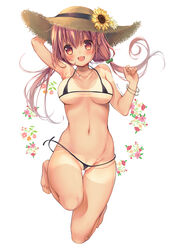  bare_shoulders barefoot bikini black_bikini bracelet braid collarbone commentary_request female flower full_body green_scrunchie hair_flower hair_ornament hair_scrunchie hairclip hat hat_flower highres hinako_note jewelry long_hair looking_at_viewer low_twintails march-bunny micro_bikini navel necklace official_art open_mouth sakuragi_hinako scrunchie side_braid solo straw_hat string_bikini sunflower sunflower_hair_ornament swimsuit tan tanlines twintails untied_bikini white_background 