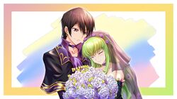  1boy black_capelet black_hair blue_flower blue_rose bouquet c.c. capelet choker closed_eyes closed_mouth code_geass code_geass:_fukkatsu_no_lelouch collarbone couple d-l-l detached_sleeves female flower flower_choker frilled_sleeves frills green_hair green_sleeves hair_flower hair_ornament highres holding holding_bouquet leaning_to_the_side lelouch_vi_britannia long_hair purple_eyes purple_flower purple_rose rose short_hair smile straight upper_body veil very_long_hair 