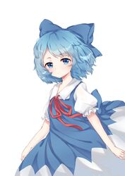  blue_bow blue_dress blue_eyes blue_hair blush bow bowtie cirno closed_mouth dress female looking_at_viewer puffy_short_sleeves puffy_sleeves red_bow red_bowtie red_ribbon ribbon shirt short_hair short_sleeves simple_background solo touhou white_background white_shirt zhi_xixi 