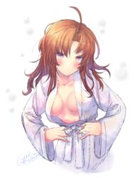  ahoge bathrobe blush breasts collarbone dated female hair_down ittokyu kagerou_(kancolle) kagerou_kai_ni_(kancolle) kantai_collection long_hair long_sleeves medium_breasts naked_robe purple_eyes robe sideboob signature simple_background solo wet white_background 