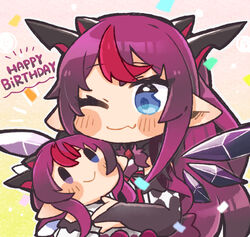  blue_eyes blush_stickers bridal_gauntlets character_doll chibi commentary_request confetti crystal_wings elbow_gloves english_text fang_out female gloves happy_birthday highres hololive hololive_english horns irys_(hololive) irys_(irys_2.0)_(hololive) long_hair multicolored_hair multiple_horns oerba_yun_fang one_eye_closed pointy_ears purple_hair red_hair same_anko skin_fang smile solo two-tone_hair virtual_youtuber 