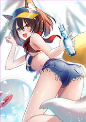  :d animal_ears ass bikini bikini_top_only blue_archive blue_hat blue_shorts bottle breasts brown_hair commentary_request denim denim_shorts female fingernails fox_ears fox_girl fox_tail from_behind hair_between_eyes hat highres holding holding_bottle izuna_(blue_archive) izuna_(swimsuit)_(blue_archive) legs looking_at_viewer looking_back medium_breasts oerba_yun_fang open_mouth red_scarf scarf shorts smile solo striped_bikini striped_clothes swimsuit tail thighs visor_cap yan_(nicknikg) yellow_eyes 