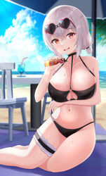  azur_lane bare_arms bare_shoulders beach bikini black_bikini breast_hold breasts cleavage day eyewear_on_head female halterneck heart heart-shaped_eyewear highres hikkyou holding large_breasts looking_at_viewer lotion_bottle navel o-ring o-ring_bikini official_alternate_costume open_mouth outdoors pouring pouring_onto_self red_eyes short_hair sirius_(azur_lane) sirius_(scorching-hot_seirios)_(azur_lane) sitting smile solo stomach string_bikini sunglasses sunlight swimsuit thigh_strap thighs white_hair yokozuwari 