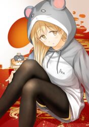  artist_name black_pantyhose blush brown_eyes brown_hair chinese_zodiac collarbone drawstring female grey_hoodie highres hood hood_up hoodie izumi_sumi long_hair long_sleeves looking_at_viewer mole mole_under_eye multicolored_clothes multicolored_hoodie nande_ikiteru_ka_wakaranai_hito_izumi_sumi_25-sai nengajou new_year pantyhose parted_lips ringoanu sidelocks sitting solo white_hoodie year_of_the_rat 