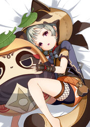  animal_ears animal_hood bed_sheet black_scarf blunt_bangs commentary_request daruma_doll drooling fake_animal_ears fake_tail female fishnet_fabric genshin_impact grey_hair highres hood japanese_clothes leaf leaf_on_head looking_at_viewer lying muji-muji_daruma_(genshin_impact) ninja on_side parted_lips purple_eyes raccoon_ears raccoon_tail sayu_(genshin_impact) scarf short_hair short_sleeves sidelocks solo tail tyenka7728 