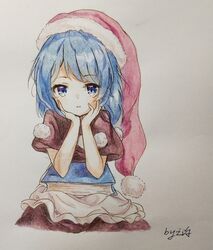  artist_name blue_eyes blue_hair book brown_dress doremy_sweet dress female hands_on_own_face hat looking_at_viewer open_mouth pink_hat pom_pom_(clothes) short_hair short_sleeves signature simple_background sitting solo touhou traditional_media white_background white_dress zhi_xixi 