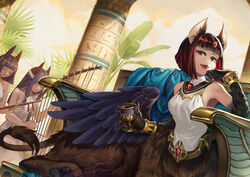  3girls absurdres afk_arena animal_ears bare_shoulders blunt_bangs bob_cut bracelet breasts brown_fur cat_ears cat_tail centauroid chinese_commentary claws closed_mouth commentary_request couch cup dress egyptian_clothes extra eyeshadow feathers gem green_eyeshadow harp head_chain highres holding holding_cup instrument inverted_bob jewelry looking_at_viewer makeup medium_breasts metal_belt mixed-language_commentary monster_girl multiple_girls neck_ring on_couch partial_commentary pawpads pillar red_eyes red_gemstone red_hair safiya_(afk_arena) shirt short_hair sidelocks sitting sleeveless sleeveless_dress sleeveless_shirt smile solo_focus sphinx tail tarantulaines taur white_dress white_shirt wings 