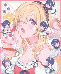  applying_makeup black_hair blonde_hair blueberry blunt_bangs blush brushing_another&#039;s_hair brushing_hair chibi cosmetics cup feeding food fruit hair_brush hairband highres idolmaster idolmaster_cinderella_girls kurosaki_chitose lipstick_tube long_hair looking_at_viewer maid makeup makeup_brush nekoyashiki_pushio one_eye_closed open_mouth orange_(fruit) purple_eyes red_eyes ribbon ribbon_trim shirayuki_chiyo short_hair shortcake strap_slip strawberry teacup wings yawning 