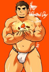  1boy bara belly blush brown_hair bulge candy chocolate cowboy_shot facial_hair food fundoshi goatee happy_valentine heart heart-shaped_chocolate higemorigen highres japanese_clothes looking_at_viewer male_focus male_underwear muscular muscular_male navel nipples original pectorals plump short_hair solo stomach thick_eyebrows thick_thighs thighs topless_male underwear underwear_only white_male_underwear 