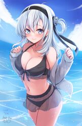  absurdres bikini black_bikini blush breasts cleavage closed_mouth dated female grey_eyes grey_hair highres kantai_collection large_breasts long_hair looking_at_viewer mashiro_yukiya outdoors smile solo suzutsuki_(kancolle) suzutsuki_(swimsuit_mode)_(kancolle) swimsuit 