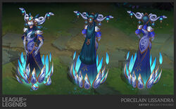  alternate_hairstyle artist_name black_hair border character_name closed_mouth copyright_name elbow_gloves english_commentary eye_mask female full_body gem gloves glowing grey_border hair_ornament highres league_of_legends lissandra_(league_of_legends) long_hair official_alternate_costume outdoors porcelain_lissandra short_sleeves snake_hair_ornament vegacolors white_gloves 