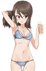  blue_bra blush bra breasts brown_eyes brown_hair coffee_milk commentary_request female girls_und_panzer kayabakoro lingerie long_hair mika_(girls_und_panzer) simple_background solo standing underwear underwear_only wet wet_hair white_background 