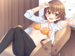  :d arms_up biyoushitsu_aphrodite black_pants blush bra brown_eyes brown_hair collared_shirt feet_out_of_frame female frilled_bra frills hair_ornament hairclip indoors knees_together_feet_apart knees_up long_sleeves looking_at_viewer lying navel official_art on_back open_clothes open_mouth open_shirt orange_bra outstretched_arm pants recliner shirt short_hair sink sleeves_rolled_up smile solo super_nagoyaka underwear white_shirt yurumi_narumi 