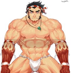  1boy abs bara beard black_hair bulge commission cowboy_shot facial_hair forked_eyebrows fundoshi hachimaki headband hoki japanese_clothes jewelry long_sideburns magatama magatama_necklace male_focus male_underwear mature_male muscular muscular_male navel necklace nejiri_hachimaki nipples pectorals short_hair sideburns solo spread_legs stomach sweatdrop tajikarao_(housamo) thick_eyebrows thick_thighs thighs tokyo_afterschool_summoners topless_male tusks underwear underwear_only white_background white_male_underwear 